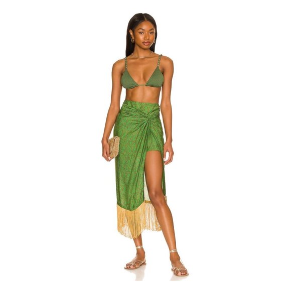 Vix Swimwear Karen Fringe Wrap Effect Midi Skirt Namaste Green NWT Size M - Picture 4 of 16